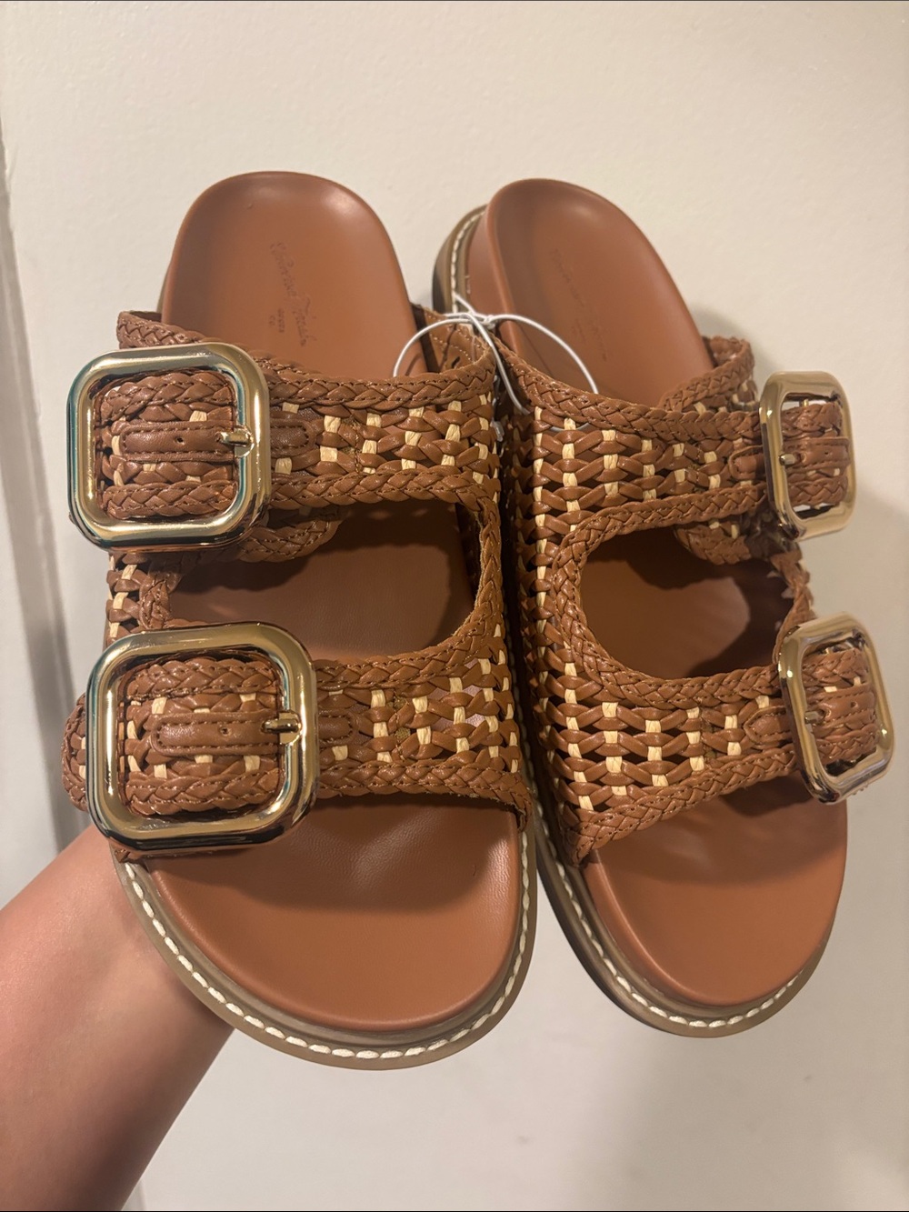 Universal Thread Brown Woven Double-Buckle Slide Sandals